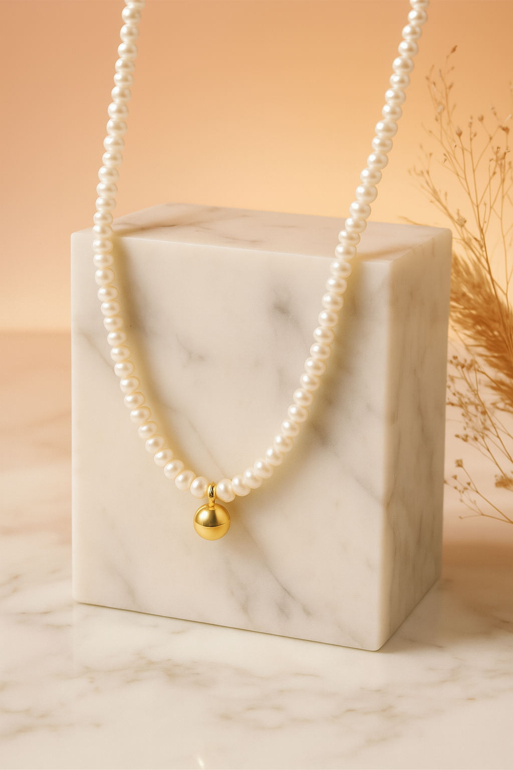 Golden Pearl Charm Necklace