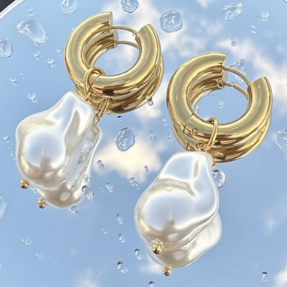 Baroque Pearl Drop Hoop Earrings