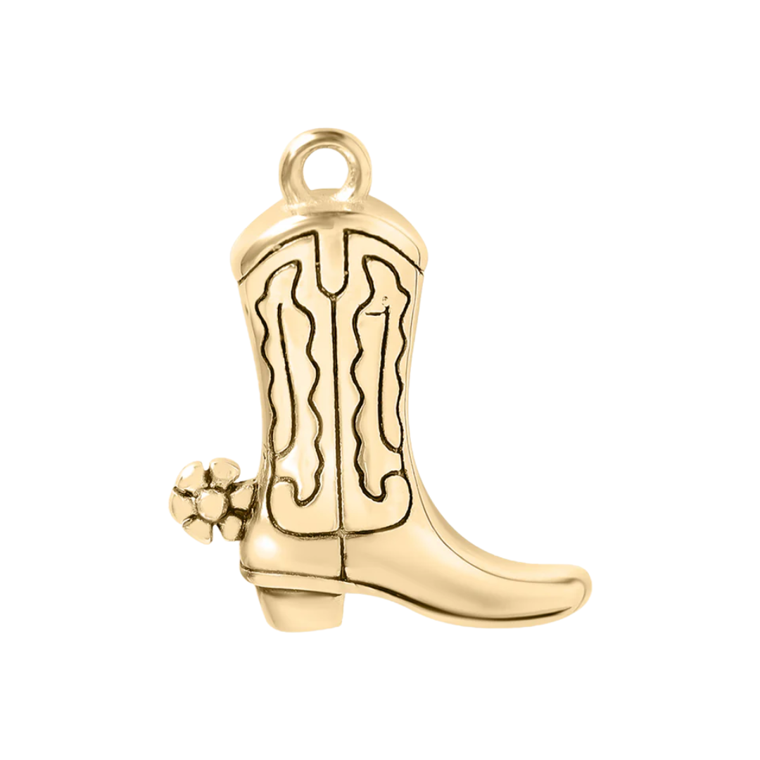 Gold cowboy boot charm with a flower on a white background