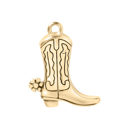 Gold cowboy boot charm with a flower on a white background