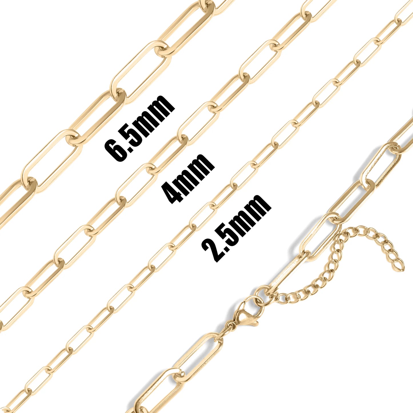 Gold chain necklace with three different width options labeled on a white background